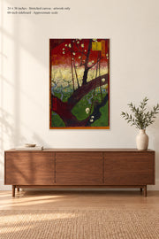 Flowering Plum Tree (after Hiroshige) · 24 × 36 inches · Stretched canvas · artwork only · room mockup · approximate scale against 60-inch sideboard