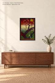 Flowering Plum Tree (after Hiroshige) · 16 × 24 inches · Canvas + black floater frame · room mockup · approximate scale against 60-inch sideboard