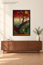 Flowering Plum Tree (after Hiroshige) · 24 × 36 inches · Canvas + black floater frame · room mockup · approximate scale against 60-inch sideboard