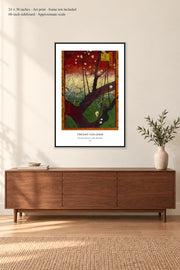 Flowering Plum Tree (after Hiroshige) · 24 × 36 inches · Art print · frame not included · room mockup · approximate scale against 60-inch sideboard