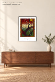 Flowering Plum Tree (after Hiroshige) · 50 × 70 cm · Art print · frame not included · room mockup · approximate scale against 60-inch sideboard