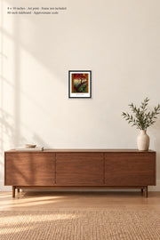 Flowering Plum Tree (after Hiroshige) · 8 × 10 inches · Art print · frame not included · room mockup · approximate scale against 60-inch sideboard