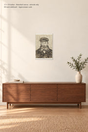 Portrait of Joseph Roulin · 12 × 18 inches · Stretched canvas · artwork only · room mockup · approximate scale against 60-inch sideboard