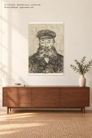 Portrait of Joseph Roulin · 24 × 36 inches · Stretched canvas · artwork only · room mockup · approximate scale against 60-inch sideboard