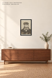 Portrait of Joseph Roulin · 12 × 18 inches · Canvas + black floater frame · room mockup · approximate scale against 60-inch sideboard