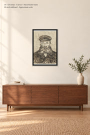 Portrait of Joseph Roulin · 16 × 24 inches · Canvas + black floater frame · room mockup · approximate scale against 60-inch sideboard