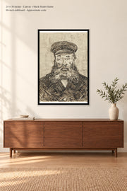 Portrait of Joseph Roulin · 24 × 36 inches · Canvas + black floater frame · room mockup · approximate scale against 60-inch sideboard