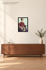 La Mousmé · 12 × 18 inches · Canvas + black floater frame · room mockup · approximate scale against 60-inch sideboard