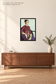 La Mousmé · 16 × 24 inches · Canvas + black floater frame · room mockup · approximate scale against 60-inch sideboard