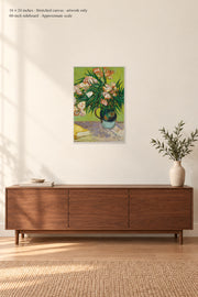Oleanders · 16 × 24 inches · Stretched canvas · artwork only · room mockup · approximate scale against 60-inch sideboard