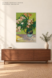 Oleanders · 24 × 36 inches · Stretched canvas · artwork only · room mockup · approximate scale against 60-inch sideboard