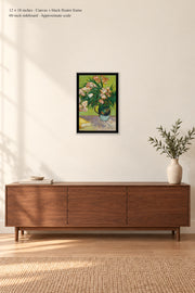 Oleanders · 12 × 18 inches · Canvas + black floater frame · room mockup · approximate scale against 60-inch sideboard