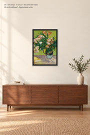 Oleanders · 16 × 24 inches · Canvas + black floater frame · room mockup · approximate scale against 60-inch sideboard