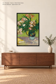Oleanders · 24 × 36 inches · Canvas + black floater frame · room mockup · approximate scale against 60-inch sideboard