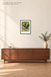 Oleanders · 12 × 16 inches · Art print · frame not included · room mockup · approximate scale against 60-inch sideboard