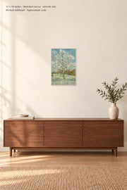 The Pink Peach Tree · 12 × 18 inches · Stretched canvas · artwork only · room mockup · approximate scale against 60-inch sideboard