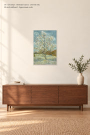 The Pink Peach Tree · 16 × 24 inches · Stretched canvas · artwork only · room mockup · approximate scale against 60-inch sideboard