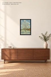 The Pink Peach Tree · 12 × 18 inches · Canvas + black floater frame · room mockup · approximate scale against 60-inch sideboard