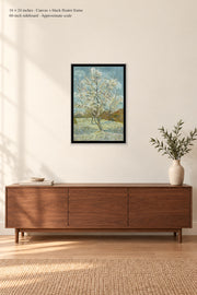 The Pink Peach Tree · 16 × 24 inches · Canvas + black floater frame · room mockup · approximate scale against 60-inch sideboard