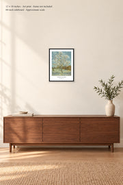 The Pink Peach Tree · 12 × 16 inches · Art print · frame not included · room mockup · approximate scale against 60-inch sideboard