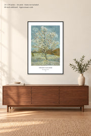 The Pink Peach Tree · 24 × 36 inches · Art print · frame not included · room mockup · approximate scale against 60-inch sideboard