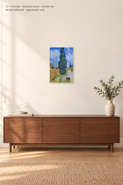 Road with Cypress and Star · 12 × 18 inches · Stretched canvas · artwork only · room mockup · approximate scale against 60-inch sideboard
