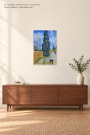 Road with Cypress and Star · 16 × 24 inches · Stretched canvas · artwork only · room mockup · approximate scale against 60-inch sideboard