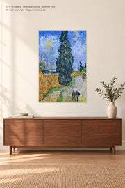 Road with Cypress and Star · 24 × 36 inches · Stretched canvas · artwork only · room mockup · approximate scale against 60-inch sideboard