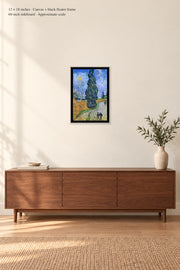 Road with Cypress and Star · 12 × 18 inches · Canvas + black floater frame · room mockup · approximate scale against 60-inch sideboard