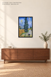 Road with Cypress and Star · 16 × 24 inches · Canvas + black floater frame · room mockup · approximate scale against 60-inch sideboard