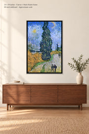 Road with Cypress and Star · 24 × 36 inches · Canvas + black floater frame · room mockup · approximate scale against 60-inch sideboard
