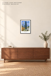 Road with Cypress and Star · 12 × 16 inches · Art print · frame not included · room mockup · approximate scale against 60-inch sideboard