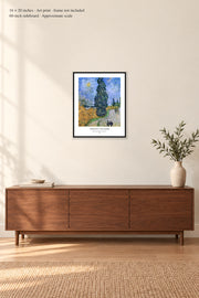 Road with Cypress and Star · 16 × 20 inches · Art print · frame not included · room mockup · approximate scale against 60-inch sideboard