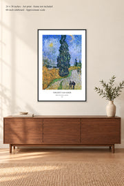 Road with Cypress and Star · 24 × 36 inches · Art print · frame not included · room mockup · approximate scale against 60-inch sideboard