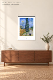 Road with Cypress and Star · 50 × 70 cm · Art print · frame not included · room mockup · approximate scale against 60-inch sideboard
