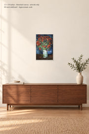 Vase with Poppies · 12 × 18 inches · Stretched canvas · artwork only · room mockup · approximate scale against 60-inch sideboard