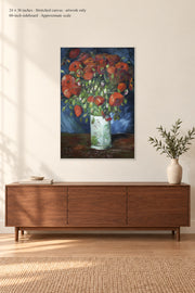 Vase with Poppies · 24 × 36 inches · Stretched canvas · artwork only · room mockup · approximate scale against 60-inch sideboard