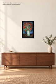 Vase with Poppies · 12 × 18 inches · Canvas + black floater frame · room mockup · approximate scale against 60-inch sideboard