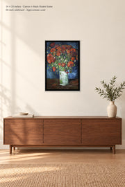 Vase with Poppies · 16 × 24 inches · Canvas + black floater frame · room mockup · approximate scale against 60-inch sideboard
