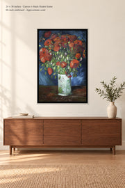 Vase with Poppies · 24 × 36 inches · Canvas + black floater frame · room mockup · approximate scale against 60-inch sideboard