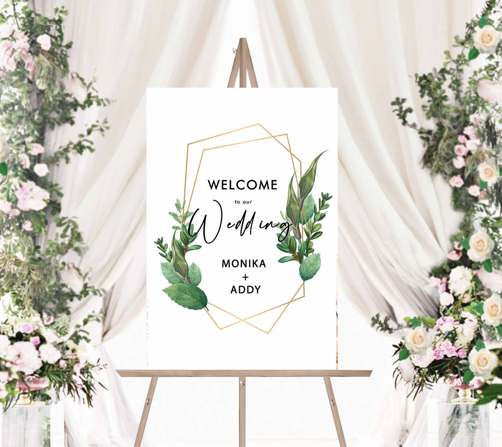 Welcome Sign - Green Leaves Gold Trim