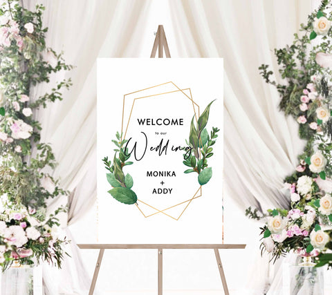 Welcome Sign - Green Leaves Gold Trim